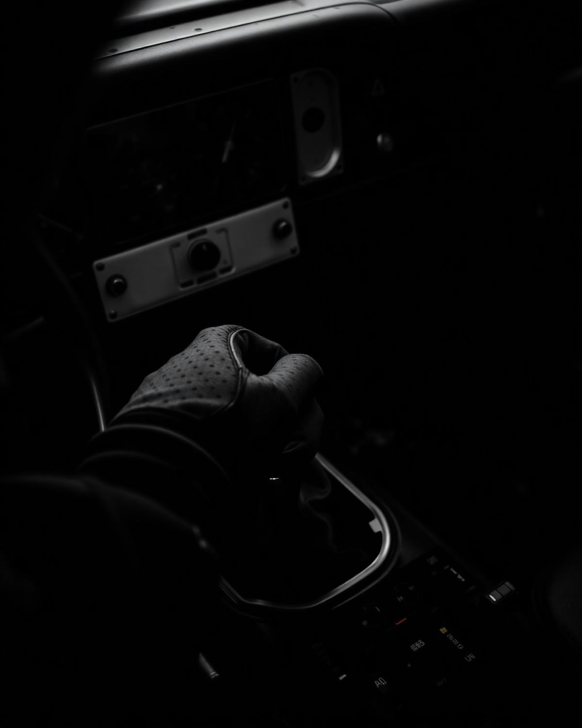 Gloved hand on a gear shifter mid-corner